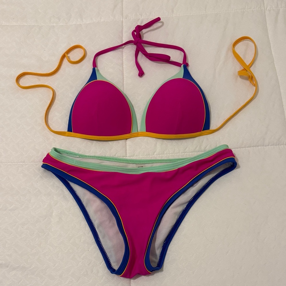 SHEIN Colorblock Pink Blue Mint Yellow Bikini Set